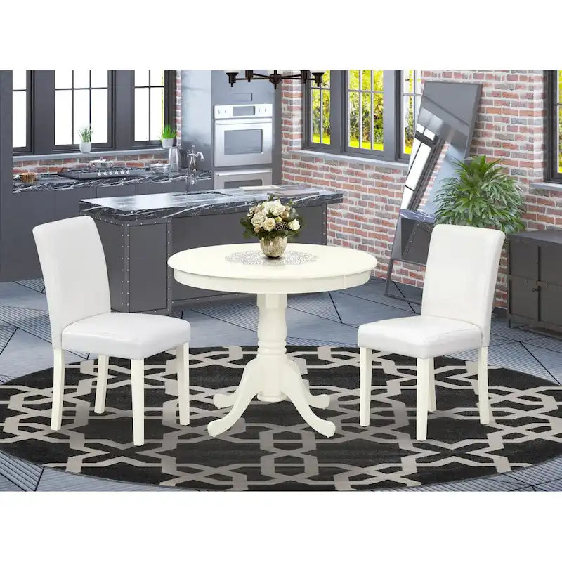 East West Furniture Round Dining Table Set - Kitchen Table with White Faux Leather Parson Chairs in Linen White (Various Piece Options) 1