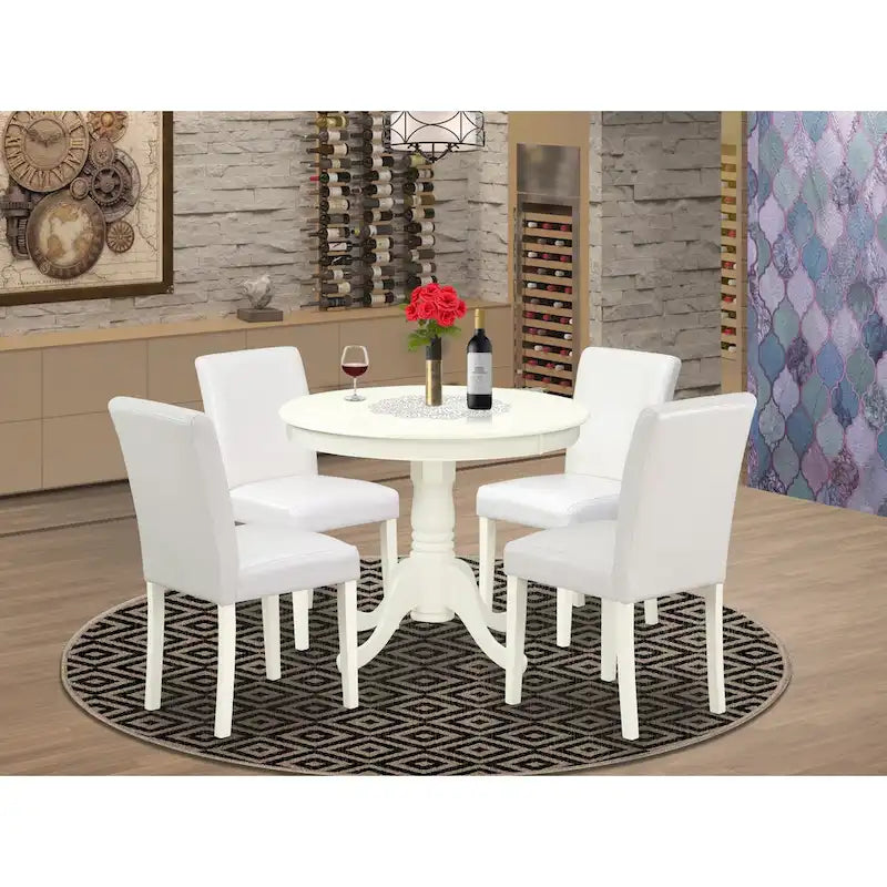 East West Furniture Round Dining Table Set - Kitchen Table with White Faux Leather Parson Chairs in Linen White (Various Piece Options) 10