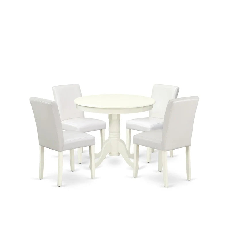 East West Furniture Round Dining Table Set - Kitchen Table with White Faux Leather Parson Chairs in Linen White (Various Piece Options) 11