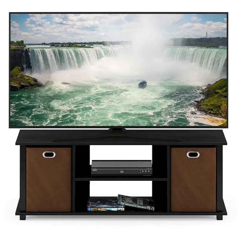 Porch & Den Tompkins Black MDF Entertainment Center Featuring Storage Bins 23