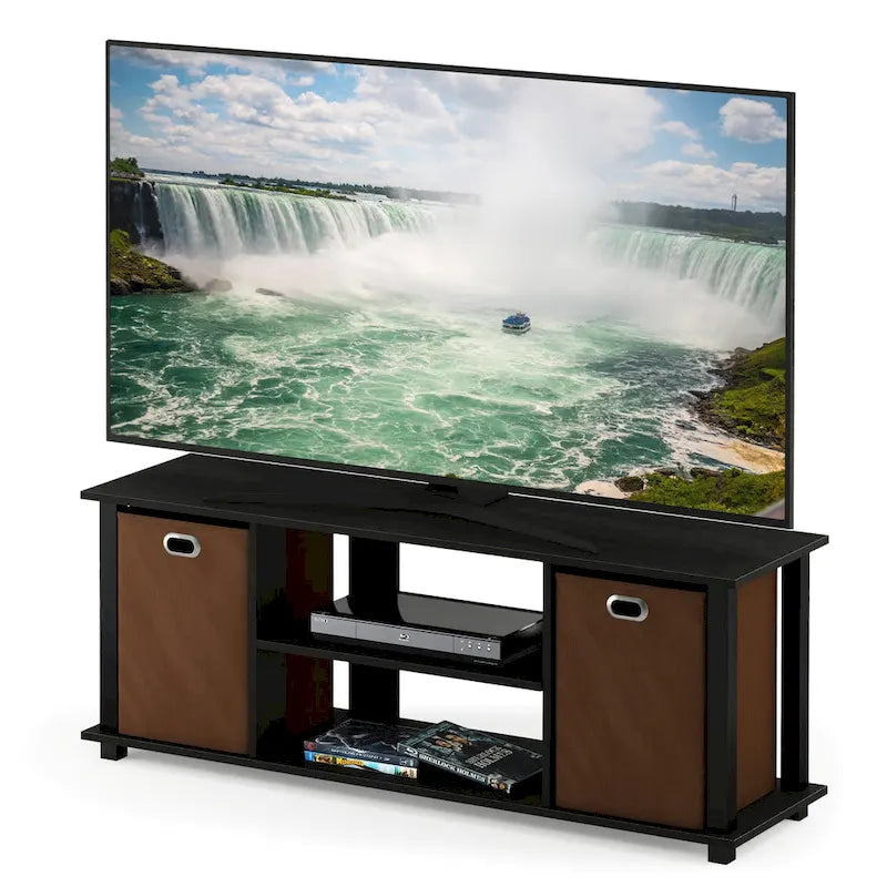 Porch & Den Tompkins Black MDF Entertainment Center Featuring Storage Bins 7