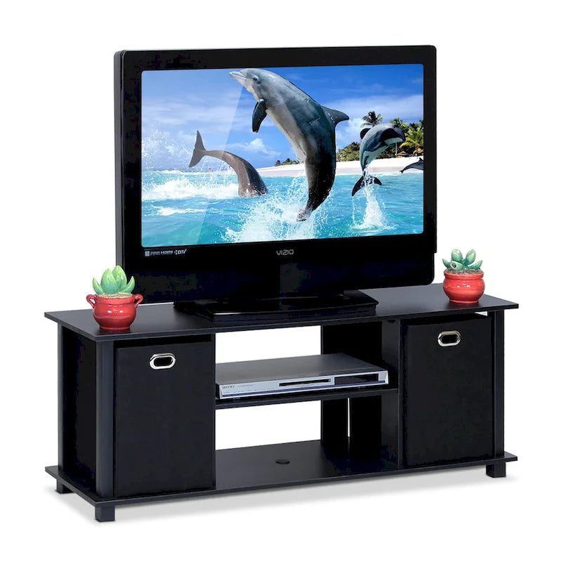 Porch & Den Tompkins Black MDF Entertainment Center Featuring Storage Bins 9