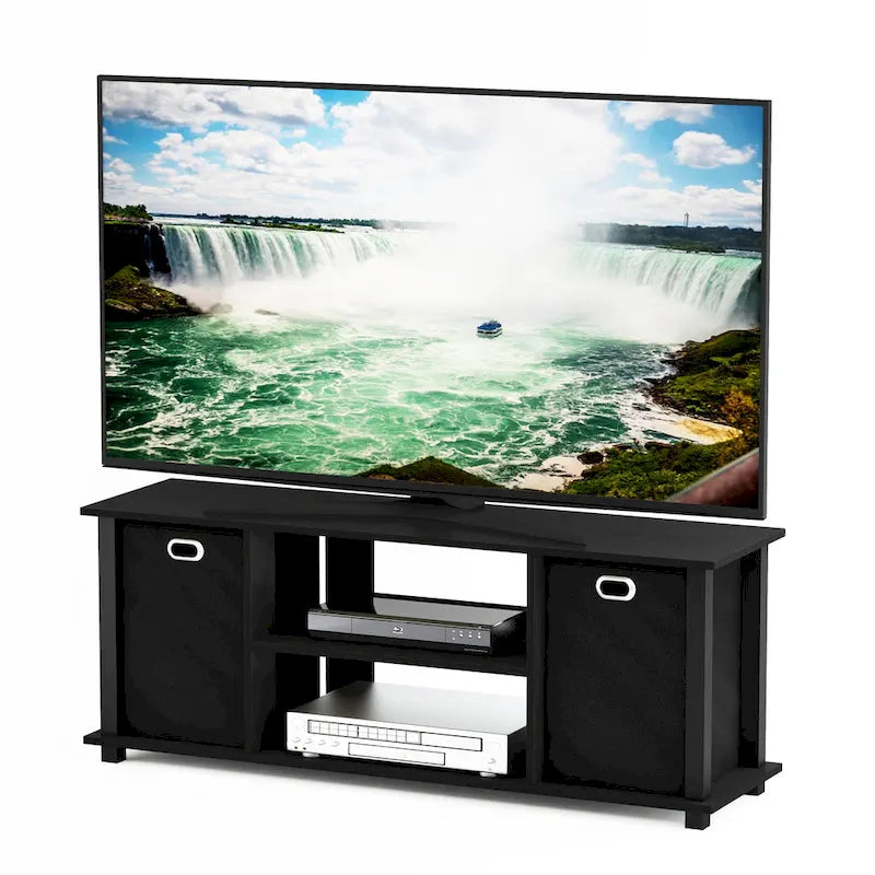 Porch & Den Tompkins Black MDF Entertainment Center Featuring Storage Bins 10
