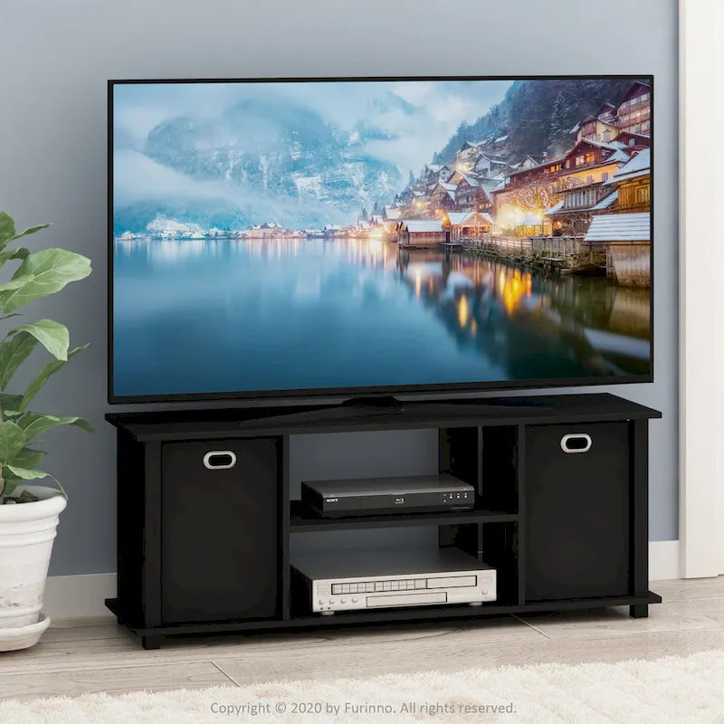 Porch & Den Tompkins Black MDF Entertainment Center Featuring Storage Bins 12