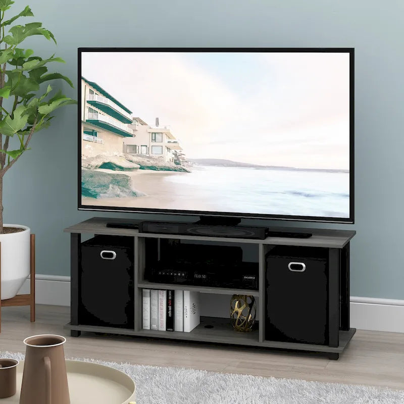 Porch & Den Tompkins Black MDF Entertainment Center Featuring Storage Bins 19