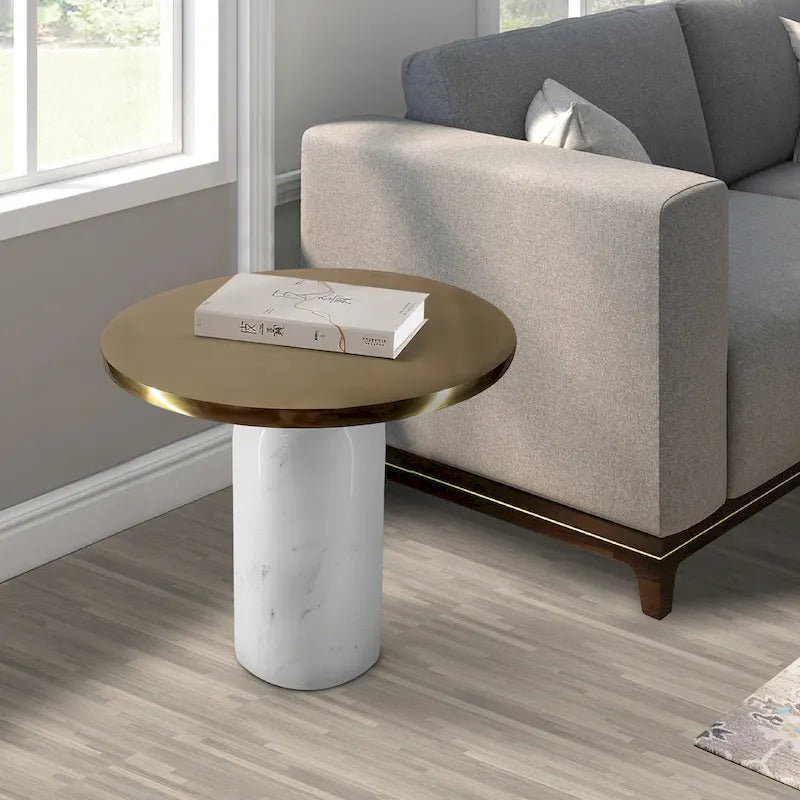Modern 17-Inch Round Brass Accent End Table with Cylindrical Marble Base in Brass and White 1