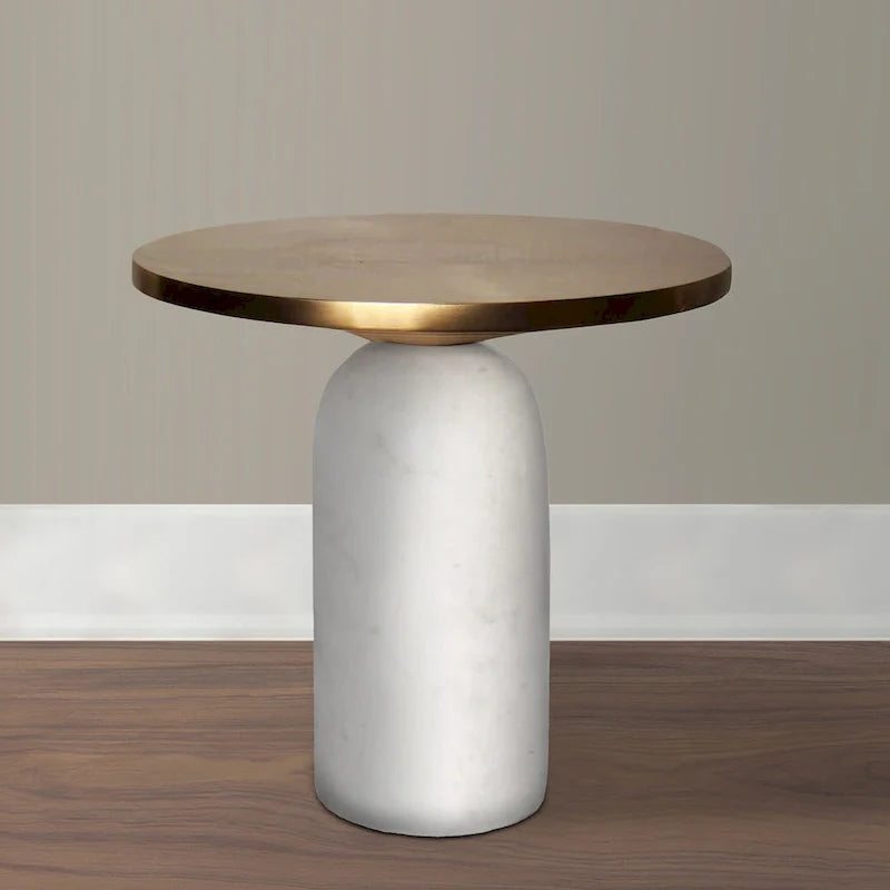 Modern 17-Inch Round Brass Accent End Table with Cylindrical Marble Base in Brass and White 2