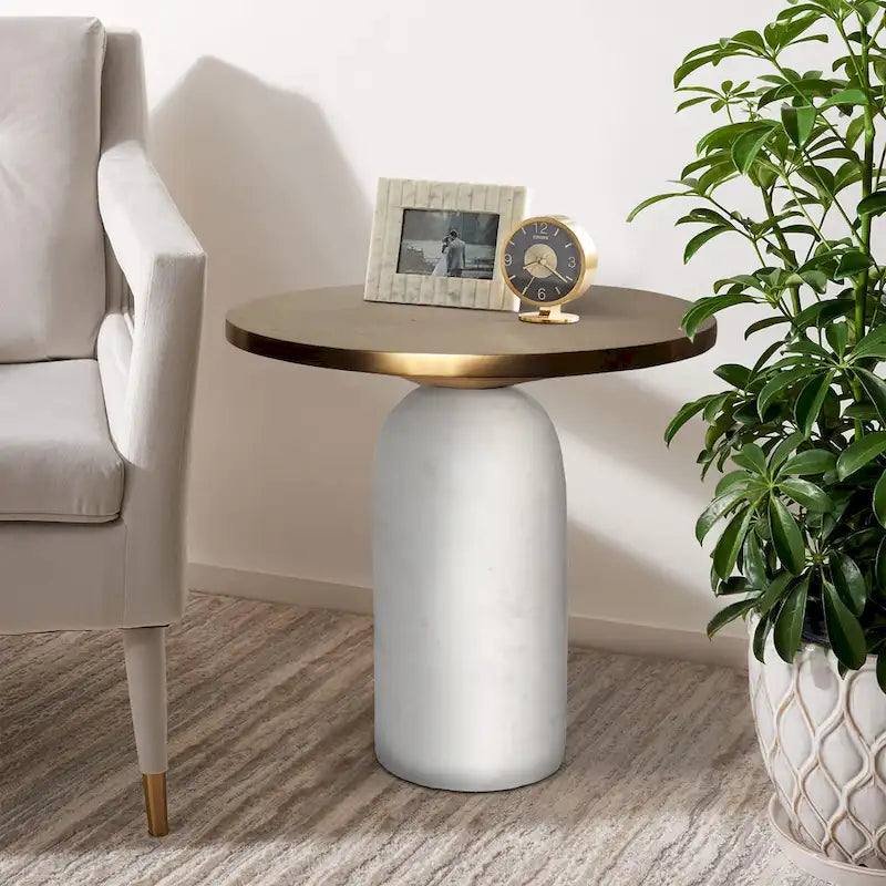 Modern 17-Inch Round Brass Accent End Table with Cylindrical Marble Base in Brass and White 3