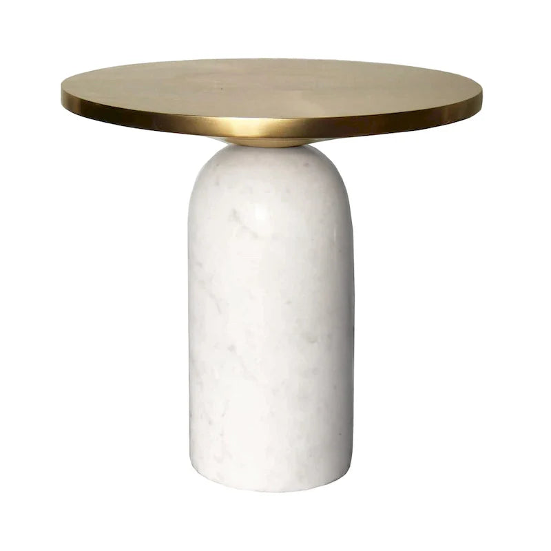 Modern 17-Inch Round Brass Accent End Table with Cylindrical Marble Base in Brass and White 4