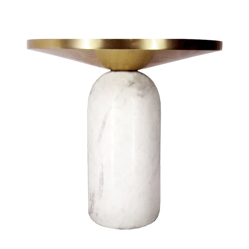 Modern 17-Inch Round Brass Accent End Table with Cylindrical Marble Base in Brass and White 5