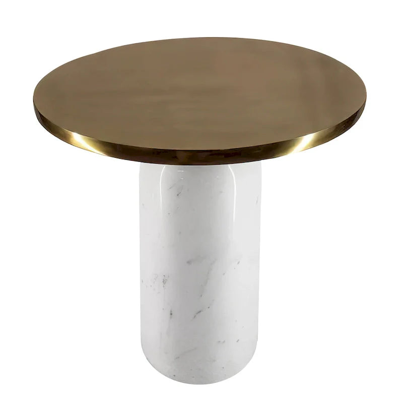 Modern 17-Inch Round Brass Accent End Table with Cylindrical Marble Base in Brass and White 6