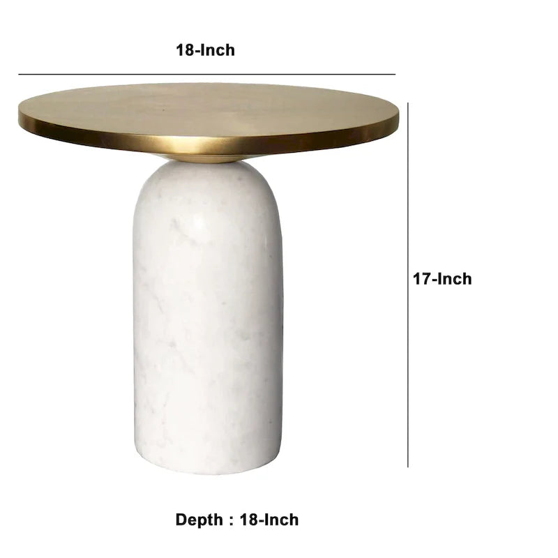 Modern 17-Inch Round Brass Accent End Table with Cylindrical Marble Base in Brass and White 10