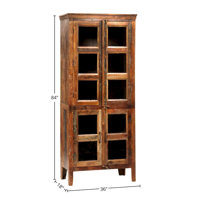 84-Inch Tall Distressed Mango Wood and Glass Storage Cabinet with Reclaimed Finish 2