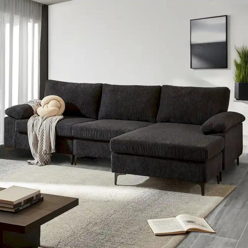 HOOOWOOO Reversible Corduroy Chaise Sofa with Wide Armrests and Ottoman for Living Room 32