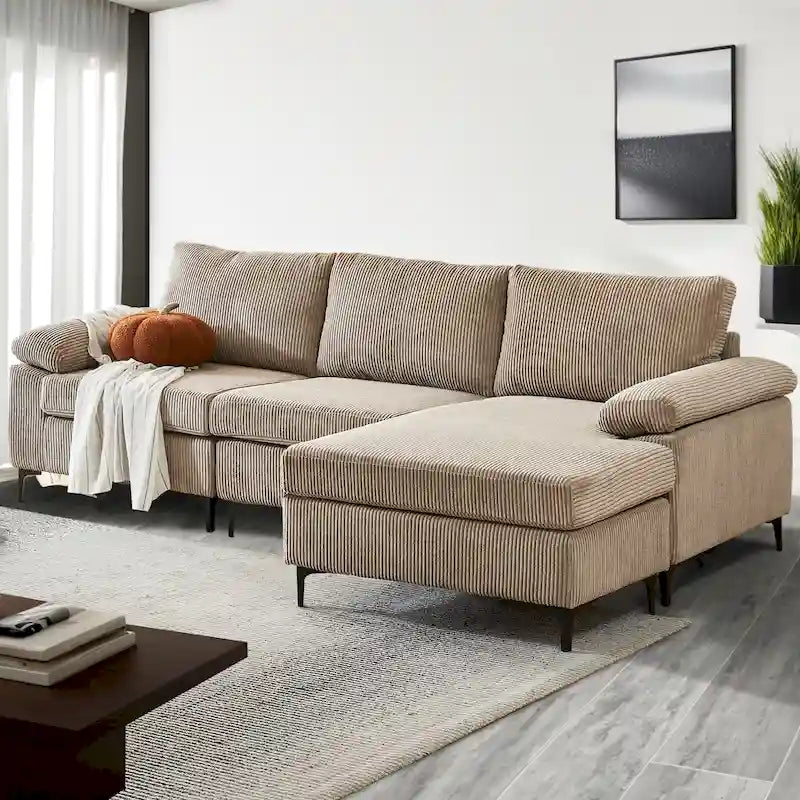 HOOOWOOO Reversible Corduroy Chaise Sofa with Wide Armrests and Ottoman for Living Room 33