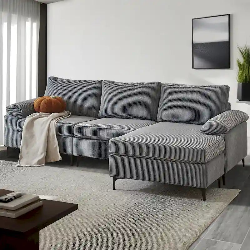 HOOOWOOO Reversible Corduroy Chaise Sofa with Wide Armrests and Ottoman for Living Room 34