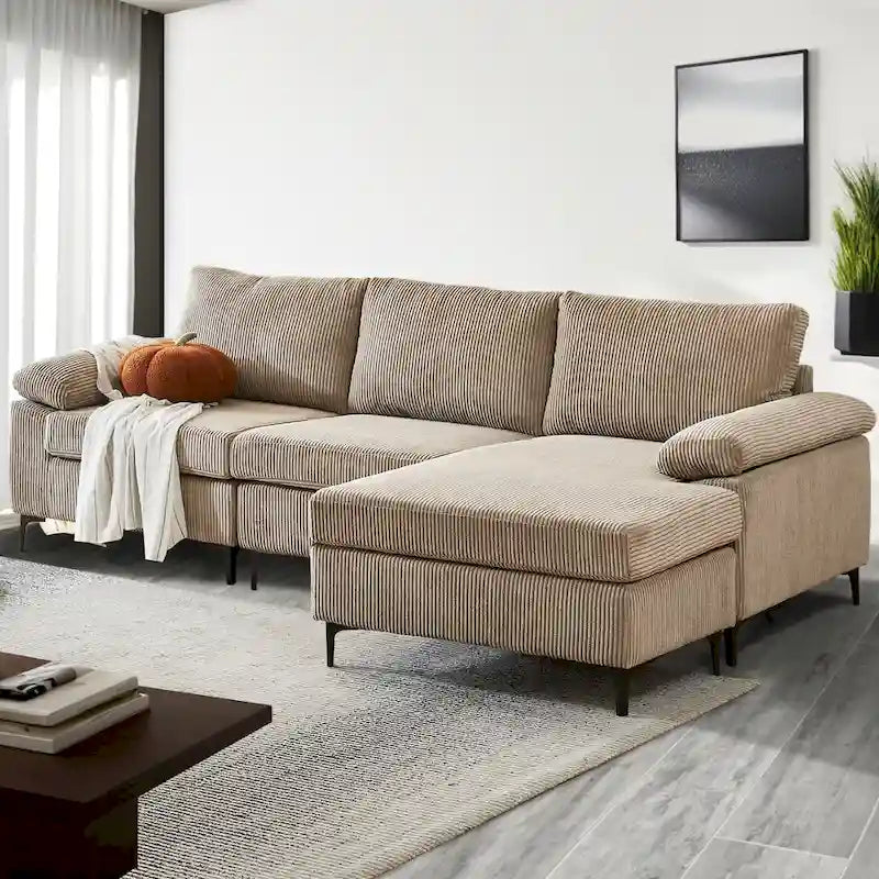 HOOOWOOO Reversible Corduroy Chaise Sofa with Wide Armrests and Ottoman for Living Room 2
