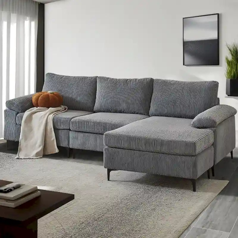 HOOOWOOO Reversible Corduroy Chaise Sofa with Wide Armrests and Ottoman for Living Room 3