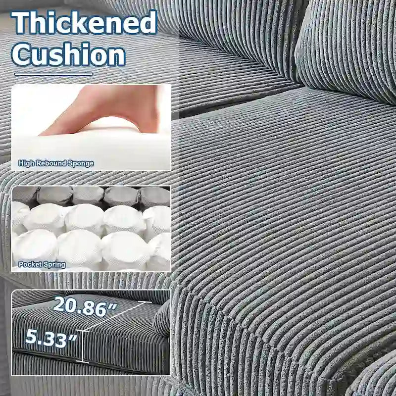 HOOOWOOO Reversible Corduroy Chaise Sofa with Wide Armrests and Ottoman for Living Room 5