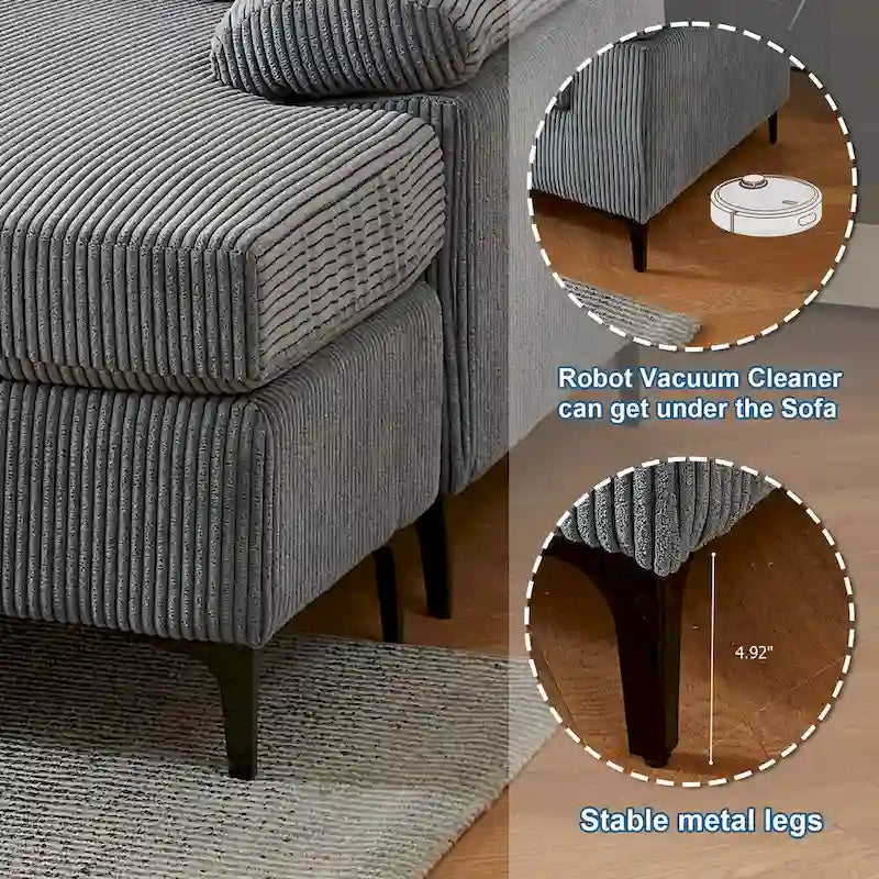 HOOOWOOO Reversible Corduroy Chaise Sofa with Wide Armrests and Ottoman for Living Room 7
