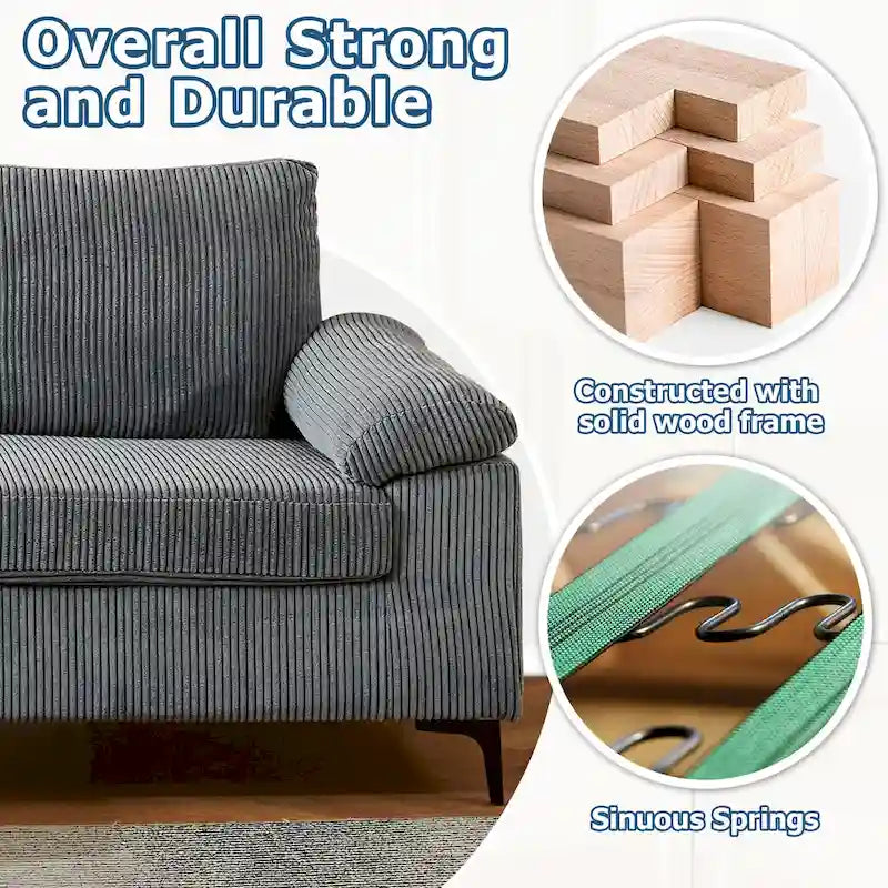 HOOOWOOO Reversible Corduroy Chaise Sofa with Wide Armrests and Ottoman for Living Room 8