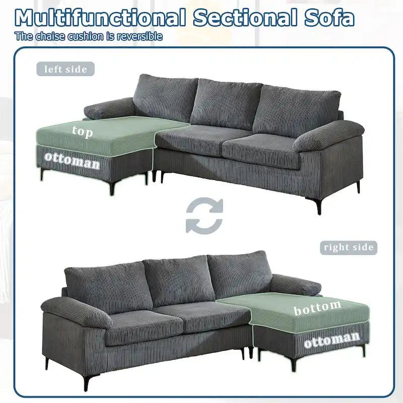 HOOOWOOO Reversible Corduroy Chaise Sofa with Wide Armrests and Ottoman for Living Room 11