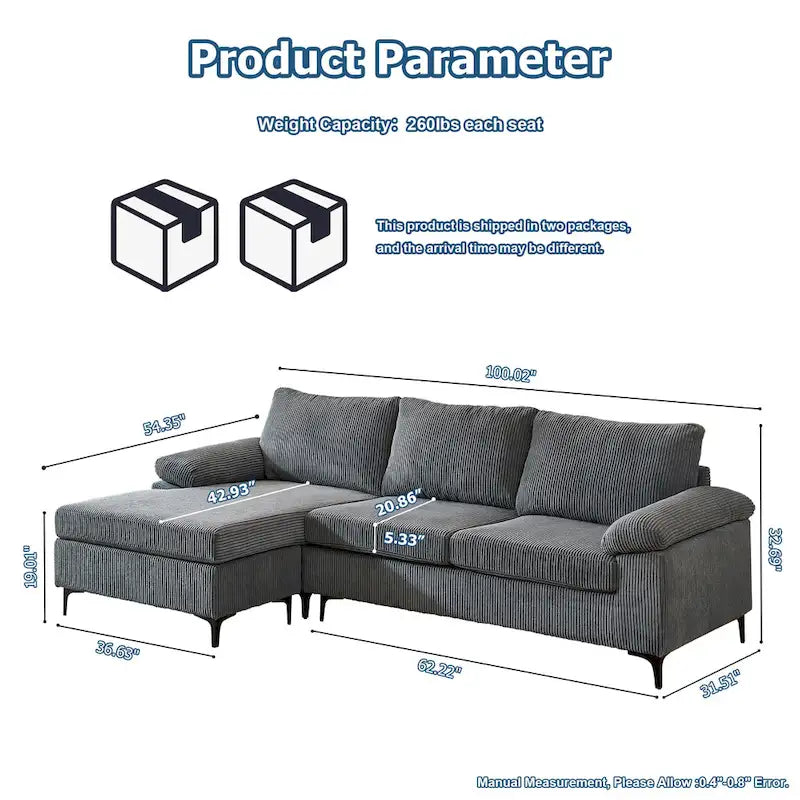 HOOOWOOO Reversible Corduroy Chaise Sofa with Wide Armrests and Ottoman for Living Room 12