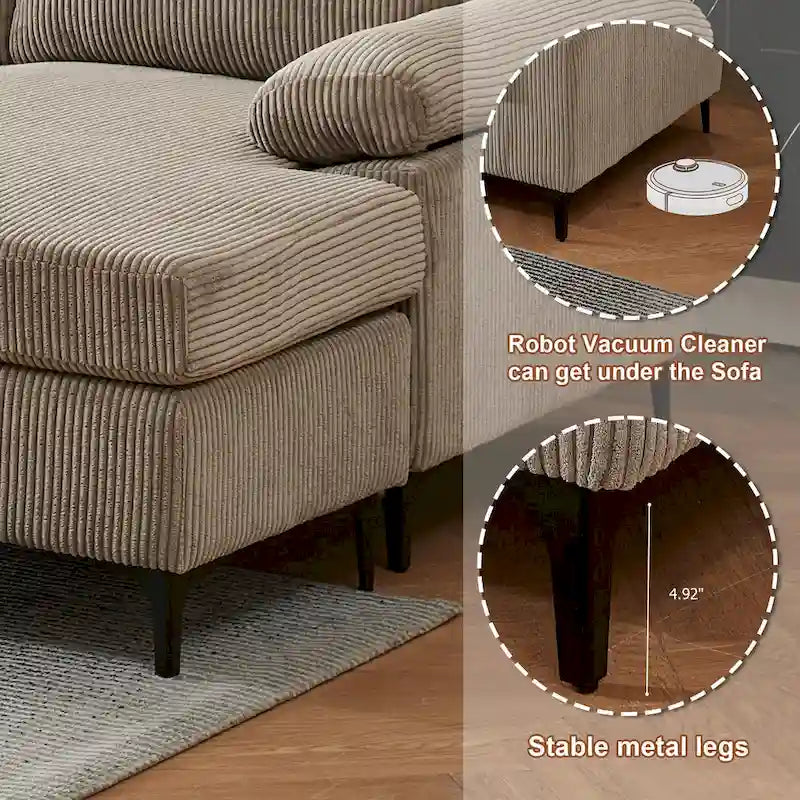 HOOOWOOO Reversible Corduroy Chaise Sofa with Wide Armrests and Ottoman for Living Room 17