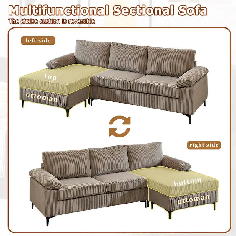 HOOOWOOO Reversible Corduroy Chaise Sofa with Wide Armrests and Ottoman for Living Room 21