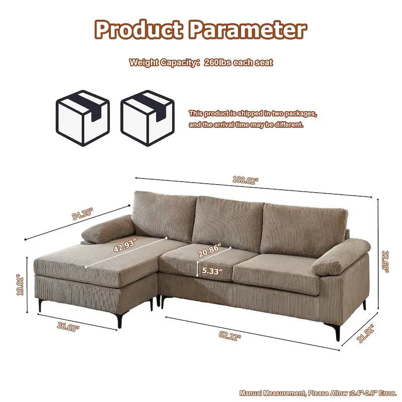 HOOOWOOO Reversible Corduroy Chaise Sofa with Wide Armrests and Ottoman for Living Room 22