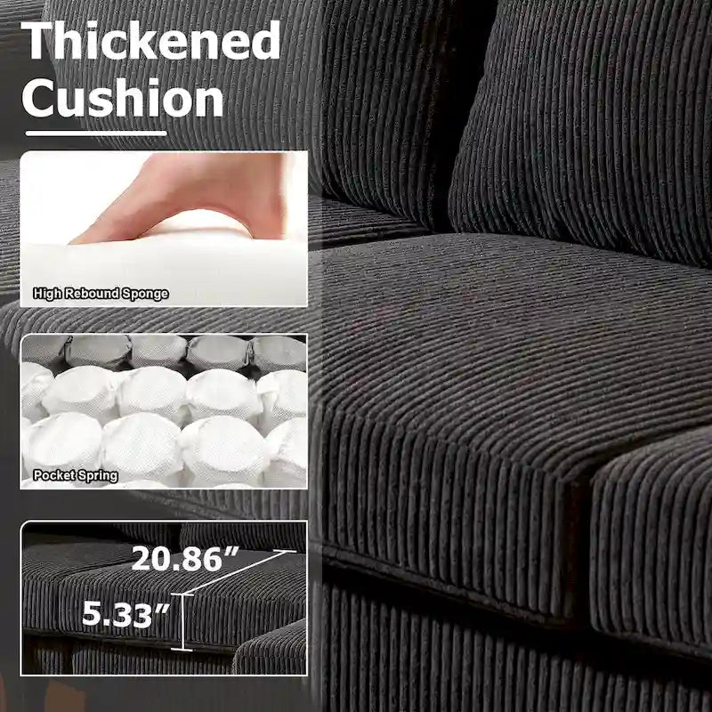 HOOOWOOO Reversible Corduroy Chaise Sofa with Wide Armrests and Ottoman for Living Room 24