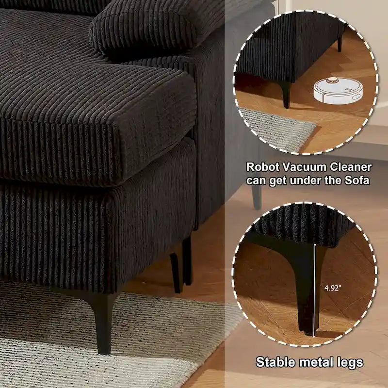 HOOOWOOO Reversible Corduroy Chaise Sofa with Wide Armrests and Ottoman for Living Room 26