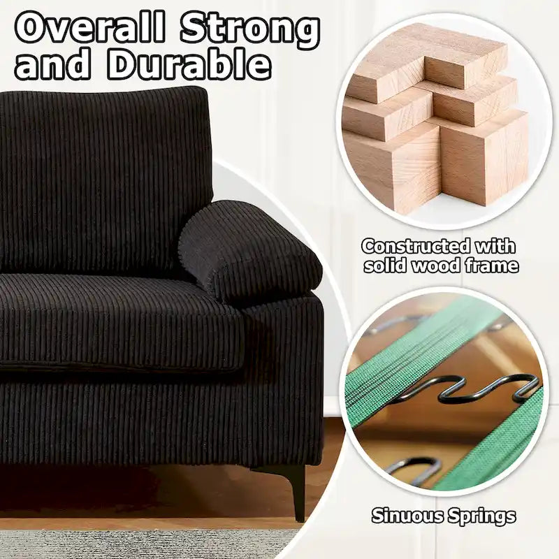 HOOOWOOO Reversible Corduroy Chaise Sofa with Wide Armrests and Ottoman for Living Room 27