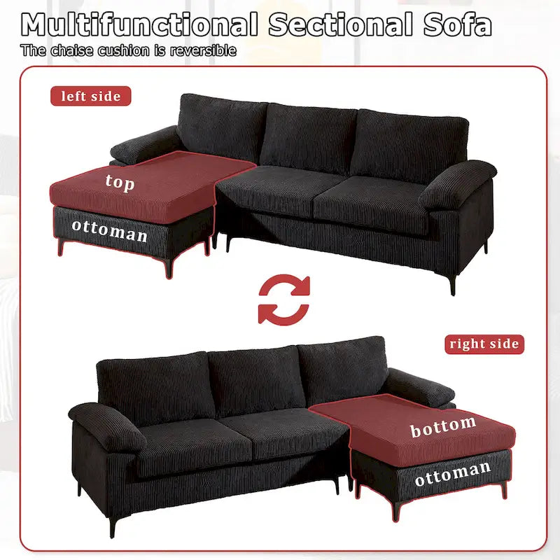 HOOOWOOO Reversible Corduroy Chaise Sofa with Wide Armrests and Ottoman for Living Room 30