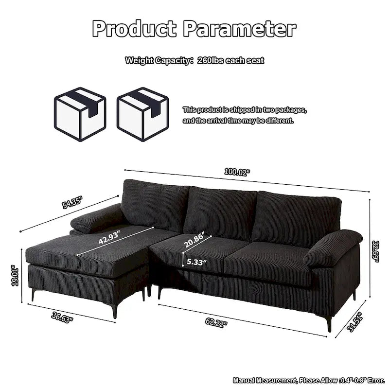 HOOOWOOO Reversible Corduroy Chaise Sofa with Wide Armrests and Ottoman for Living Room 31