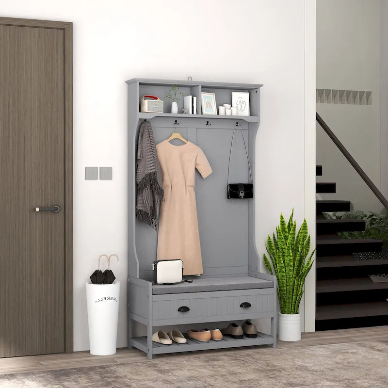 HOMCOM Gray Hall Tree Organizer with Coat Rack, 4 Hooks, 2 Drawers, and Padded Seat Cushions for Entryway 10