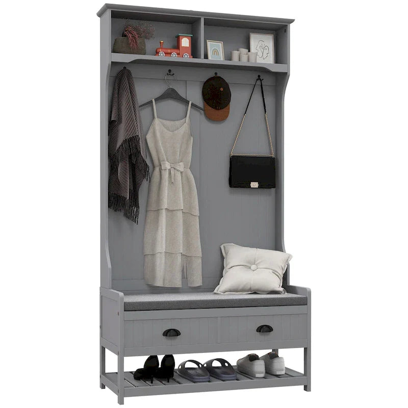 HOMCOM Gray Hall Tree Organizer with Coat Rack, 4 Hooks, 2 Drawers, and Padded Seat Cushions for Entryway 2