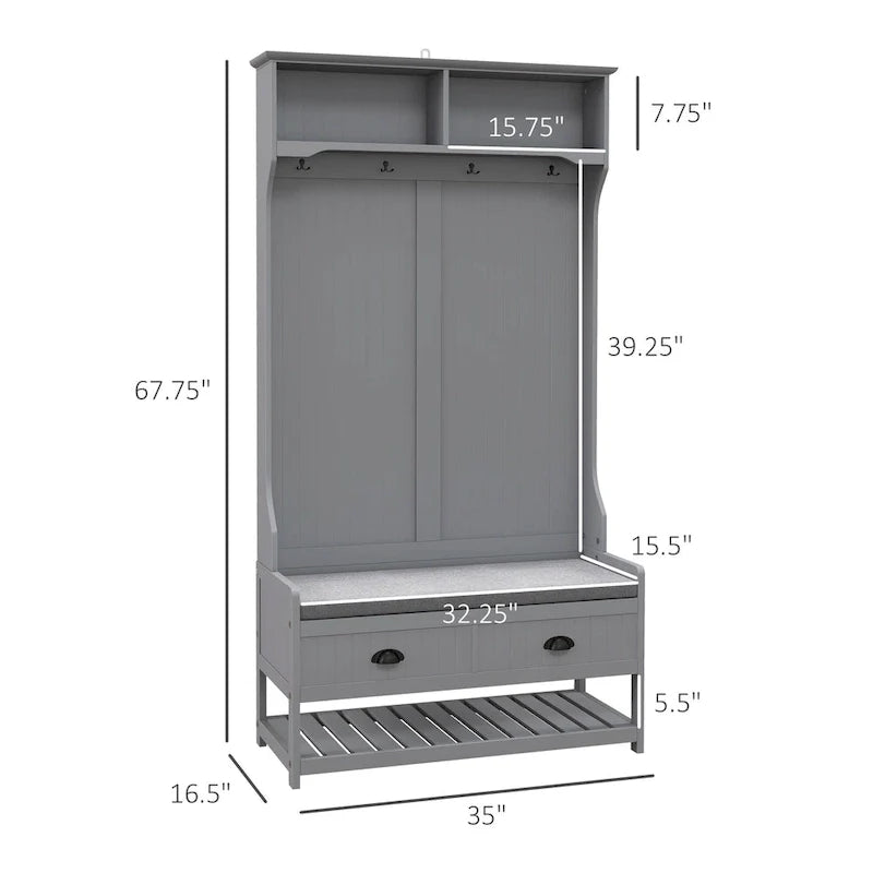 HOMCOM Gray Hall Tree Organizer with Coat Rack, 4 Hooks, 2 Drawers, and Padded Seat Cushions for Entryway 3
