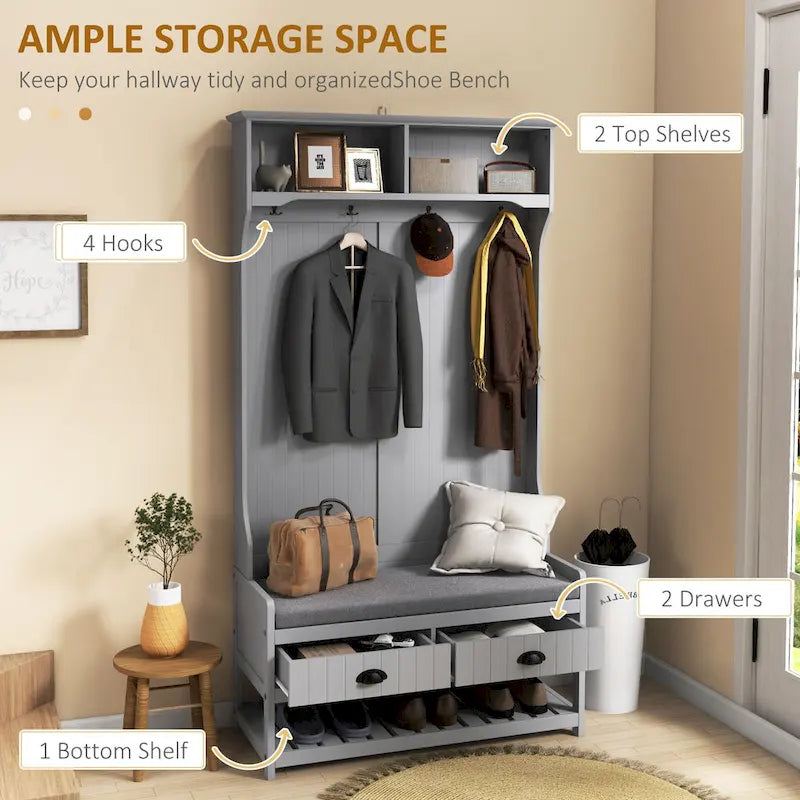 HOMCOM Gray Hall Tree Organizer with Coat Rack, 4 Hooks, 2 Drawers, and Padded Seat Cushions for Entryway 4