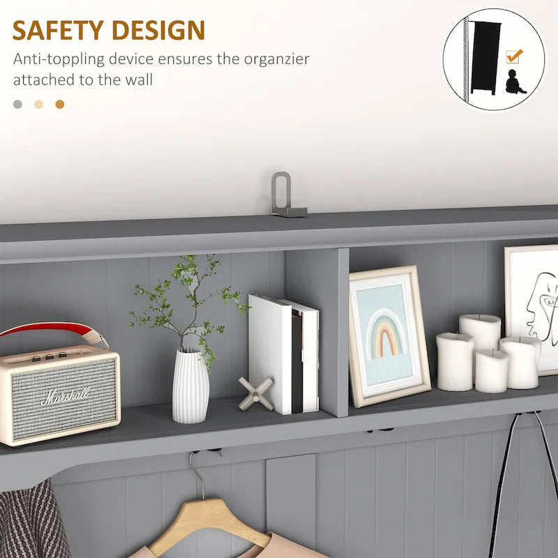 HOMCOM Gray Hall Tree Organizer with Coat Rack, 4 Hooks, 2 Drawers, and Padded Seat Cushions for Entryway 5