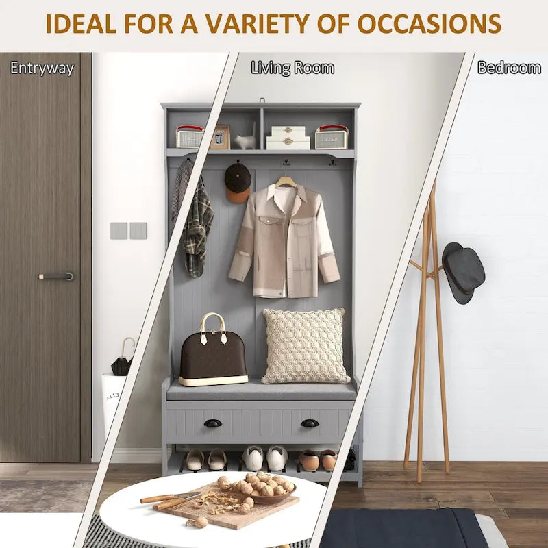 HOMCOM Gray Hall Tree Organizer with Coat Rack, 4 Hooks, 2 Drawers, and Padded Seat Cushions for Entryway 6
