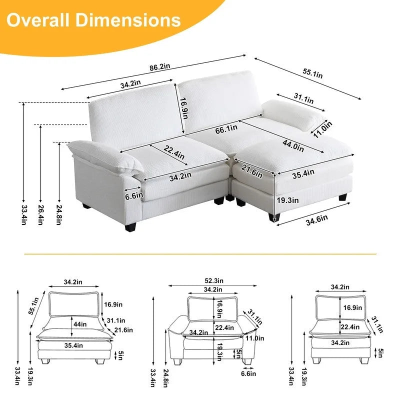 Chenille Two-Seater Sofa with Footstool - 2+1 Indoor Double Bag, Dimensions: 217*141*85 23