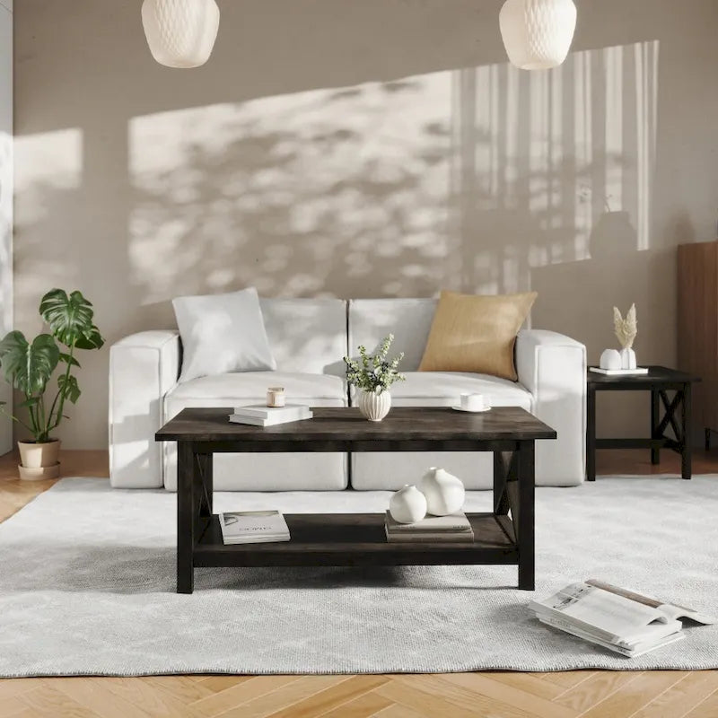 Farmhouse Coffee Table with Shelf and X-Frame Design 1