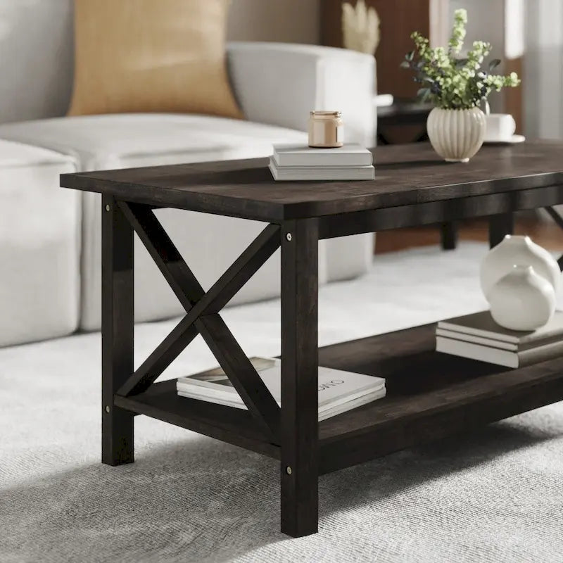 Farmhouse Coffee Table with Shelf and X-Frame Design 2