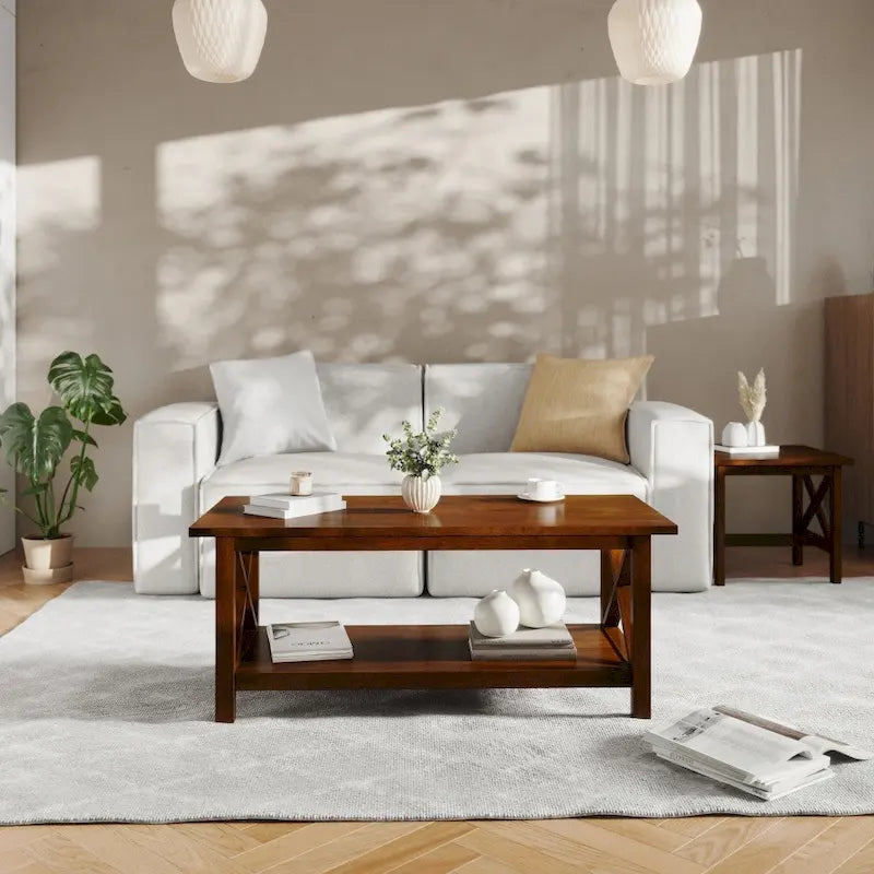 Farmhouse Coffee Table with Shelf and X-Frame Design 11