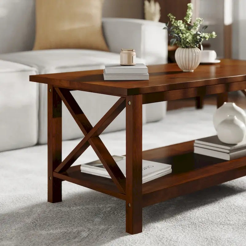 Farmhouse Coffee Table with Shelf and X-Frame Design 12