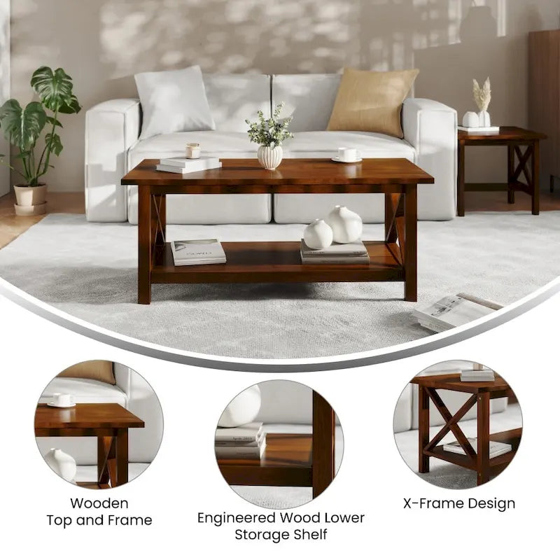 Farmhouse Coffee Table with Shelf and X-Frame Design 15