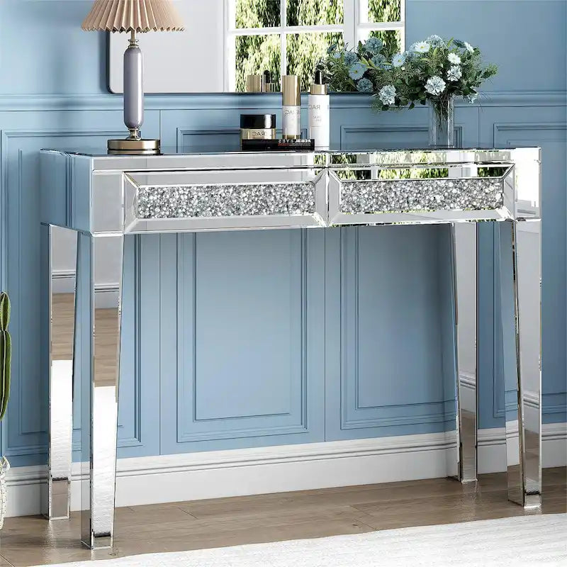 Glamorous Mirrored Console Table with 2 Drawers - Dimensions: 29.92" H x 39.37" W x 13.78" D 1