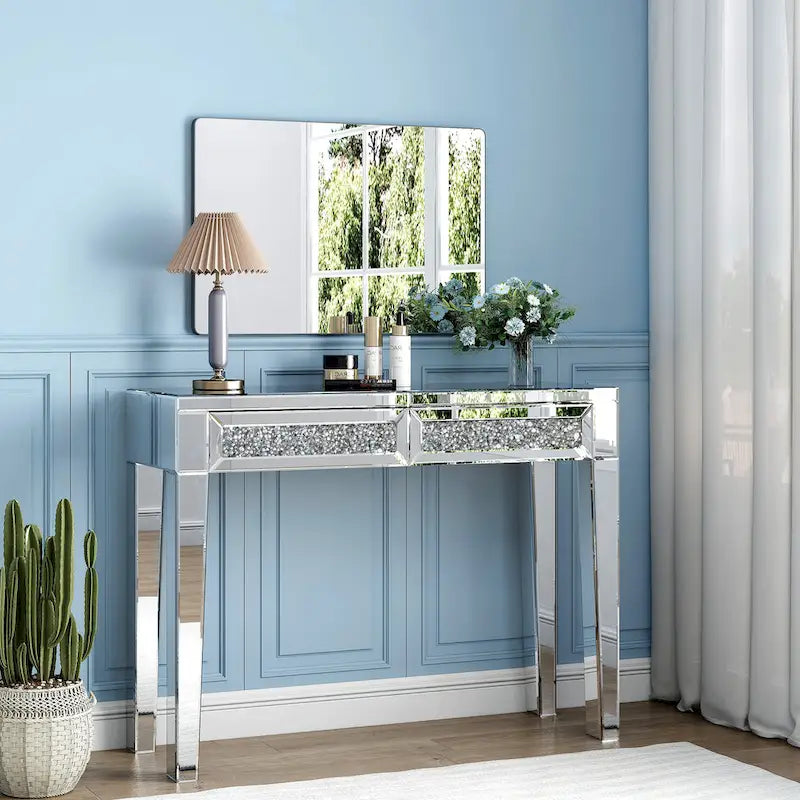Glamorous Mirrored Console Table with 2 Drawers - Dimensions: 29.92" H x 39.37" W x 13.78" D 4