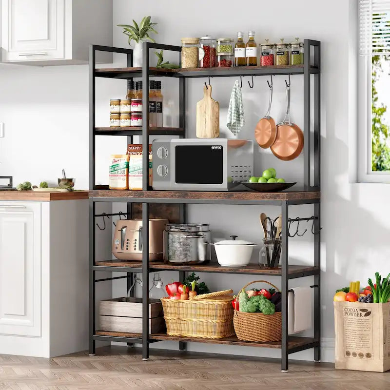 43-Inch Kitchen Bakers Rack with Microwave Stand - 5-Tier Utility Storage Shelf and 10 Hooks for Kitchen and Living Room 23